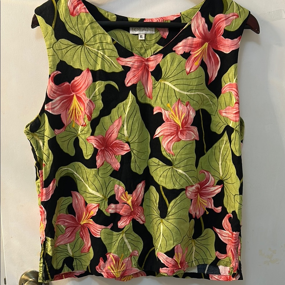 IOLANI Vintage Sleeveless Top with Tropical Green and Pink Print, Sz XL